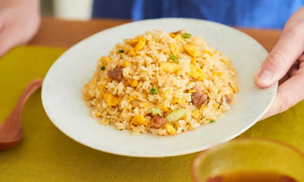 Pork and egg fried rice garnished with scallions on a plate at Oriental Express, a Chinese Restaurant in Denville